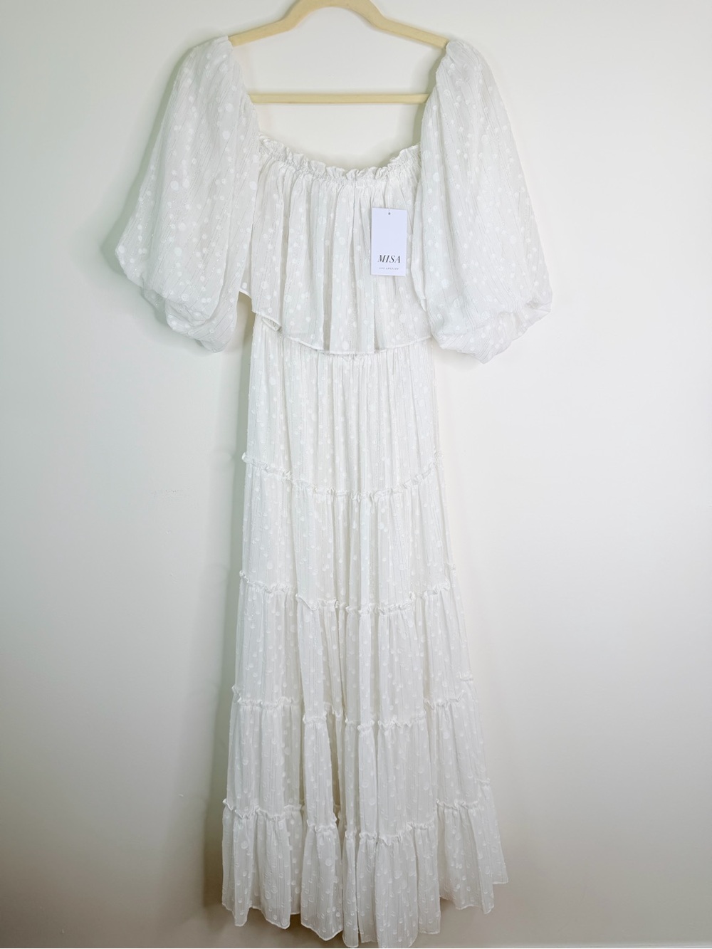Misa Los Angeles Cream Swiss Dot Puff Sleeve Maxi Dress